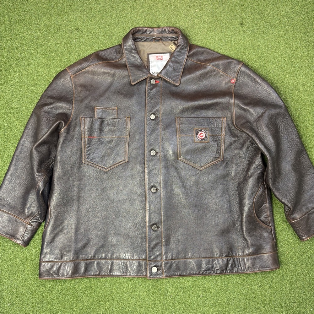 Vintage Marc Ecko Unltd Leather Jacket Mens 3XL Brown Hip Hop Button Y2K